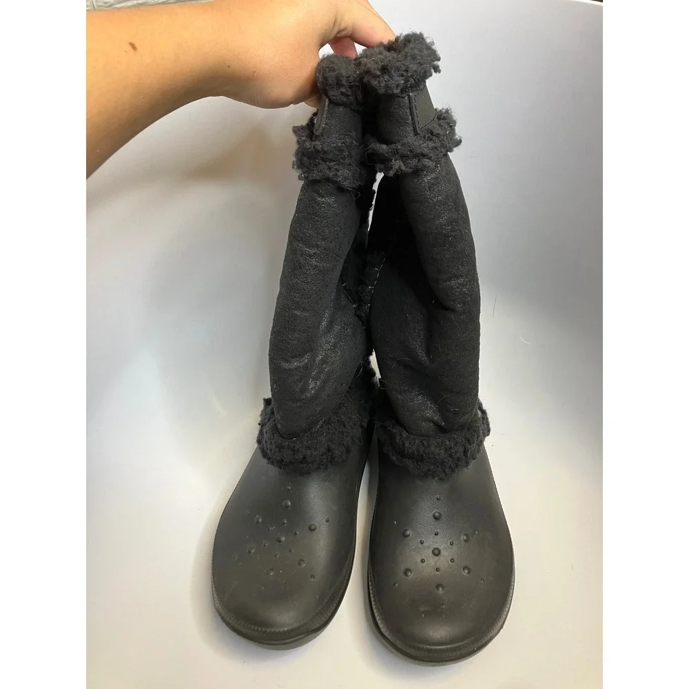 Crocs Winter Boots Women Size 9 Black Good Faux Fur Lined Tall Mid-Calf Boots